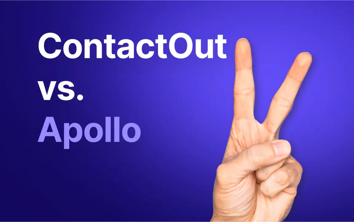 ContactOut vs. Apollo text with a hand peace sign